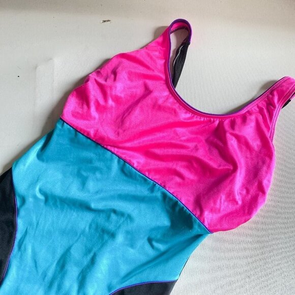 Vintage Christina Neon Pink Blue Low Back One Piece Swimsuit L - Picture 2 of 7